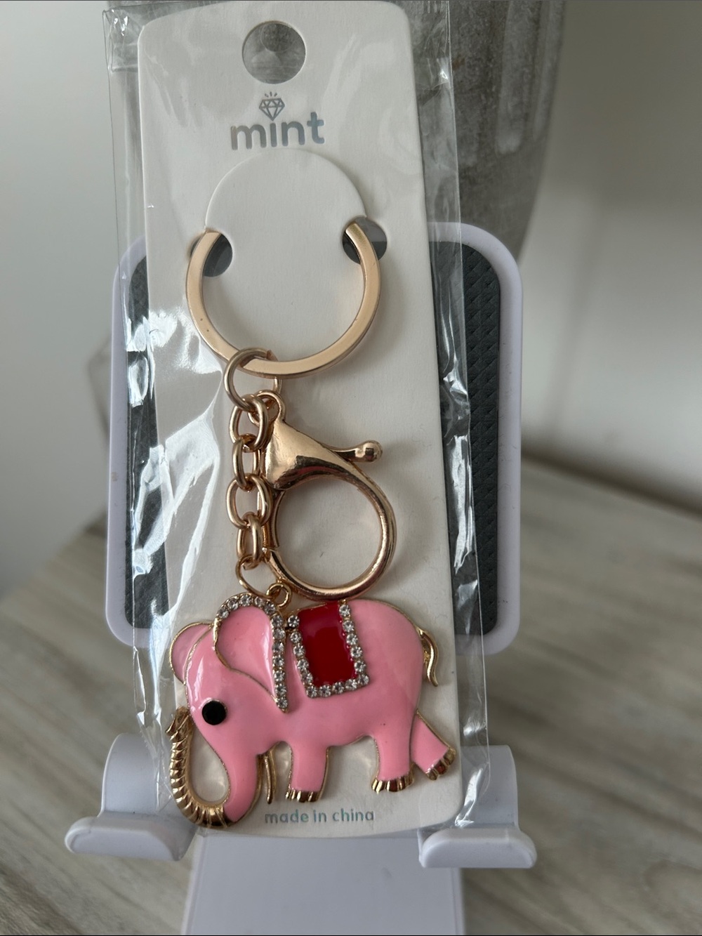 Mint Pink Elephant Keyring with Gold Hardware NIB